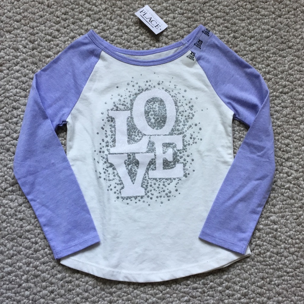 The Children's Place Girls XS (4) Love Glitter Raglan Long Sleeve Shirt Top